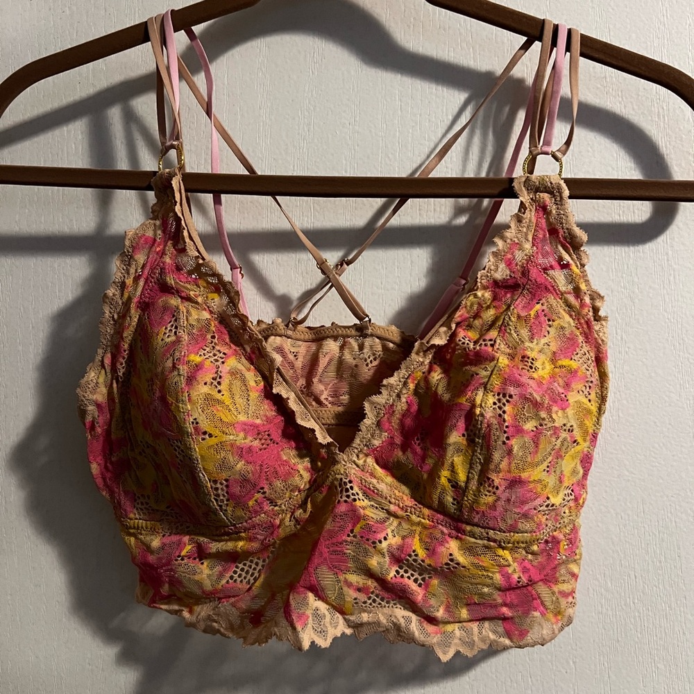 Aerie Pink and Yellow Multi Colored Lace Bralette